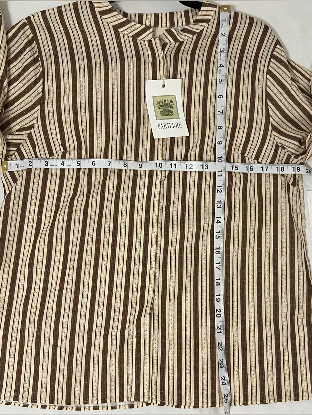 Parterre Linen Cotton Brown Cream Striped Balloon Sleeve Boho Blouse NWT - Picture 4 of 6